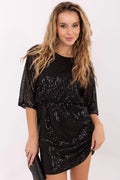 robe courte noire sequins scintillants mini soirée cocktail manches troisquarts encolure ronde ceinture taille marquée polyester élasthanne doublure confortable
