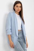 Veste blazer femme chic style italien polyester 95% elasthanne 5% bleu ciel coupe droite col revers poches à rabat décontractée occasionnels