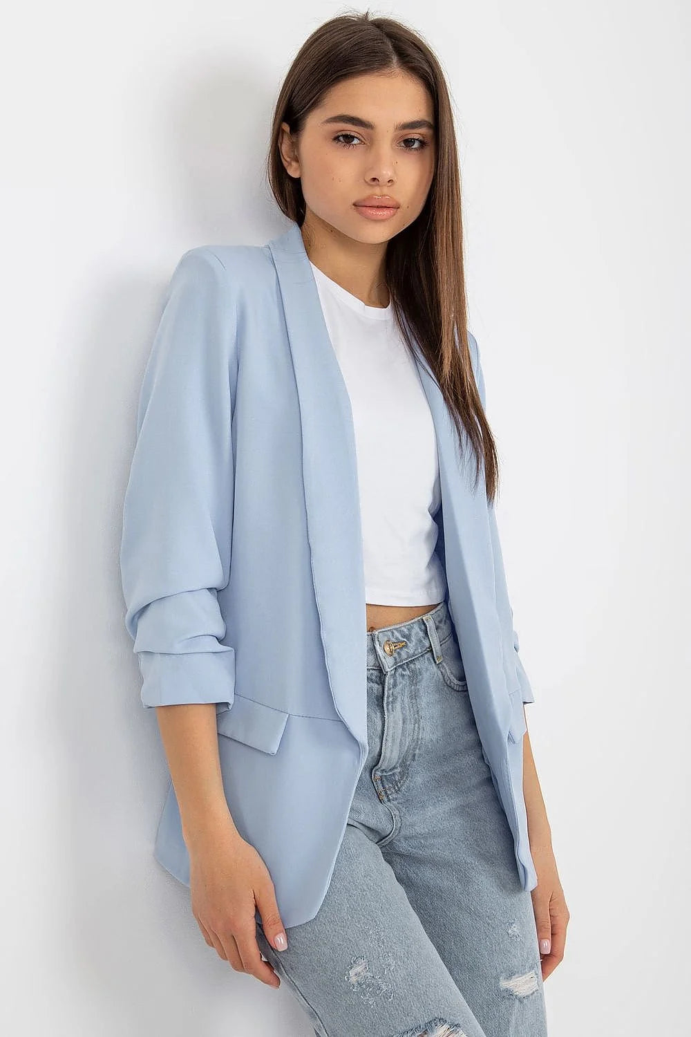 Veste blazer femme chic style italien polyester 95% elasthanne 5% bleu ciel coupe droite col revers poches à rabat décontractée occasionnels