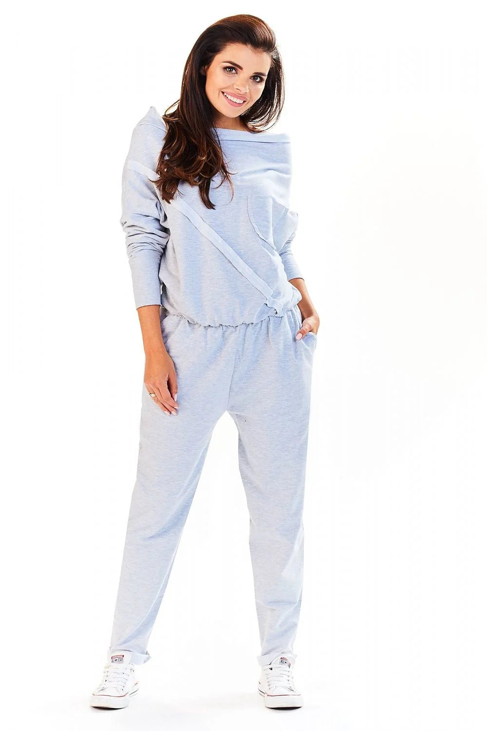 combinaison femme coton élasthanne décontractée moderne ample col bateau manches longues taille élastique poches latérales molletonnée gris anthracite