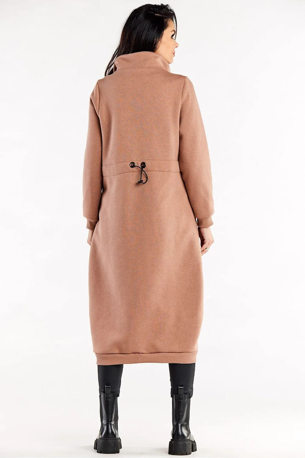 Manteau long pour femmes style moderne taupe col montant fermeture éclair tissu élastique occasion polyvalente