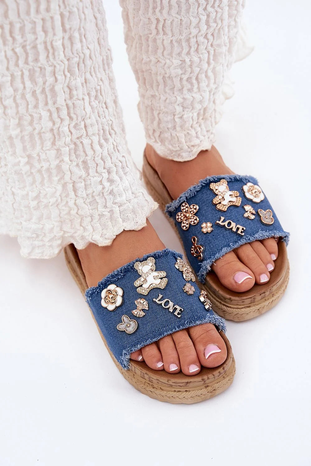 Sandales femmes style estival décontracté denim bleu doré argenté fleurs ours lapins motif musical LOVE