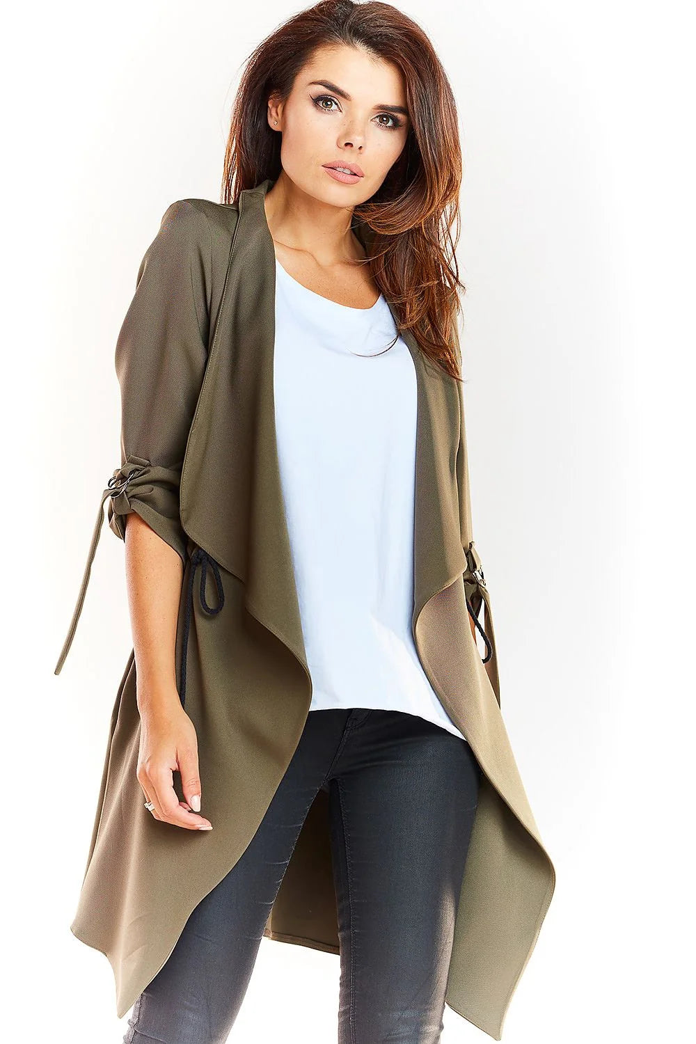 Manteau long femme moderne synthétique léger kaki décontracté manches longues ajustables mi-cuisses col revers