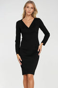 robe femme ajustée noire fourreau crayon manches longues col V profond tissu extensible doux silhouette structurée