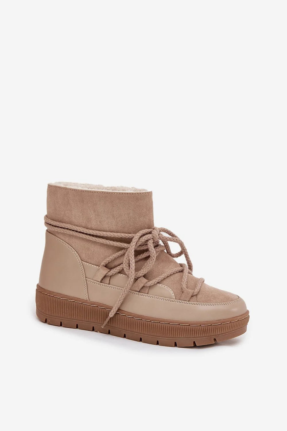 bottes neige femme suédine simili cuir taupe doublure fourrure blanche col bout rond lacets plateforme crantée antidérapante chaleur confortable