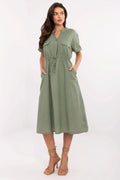 Robe de jour Italy Moda vert olive coupe évasée manches courtes col rond poches latérales ceinture ajustable femme