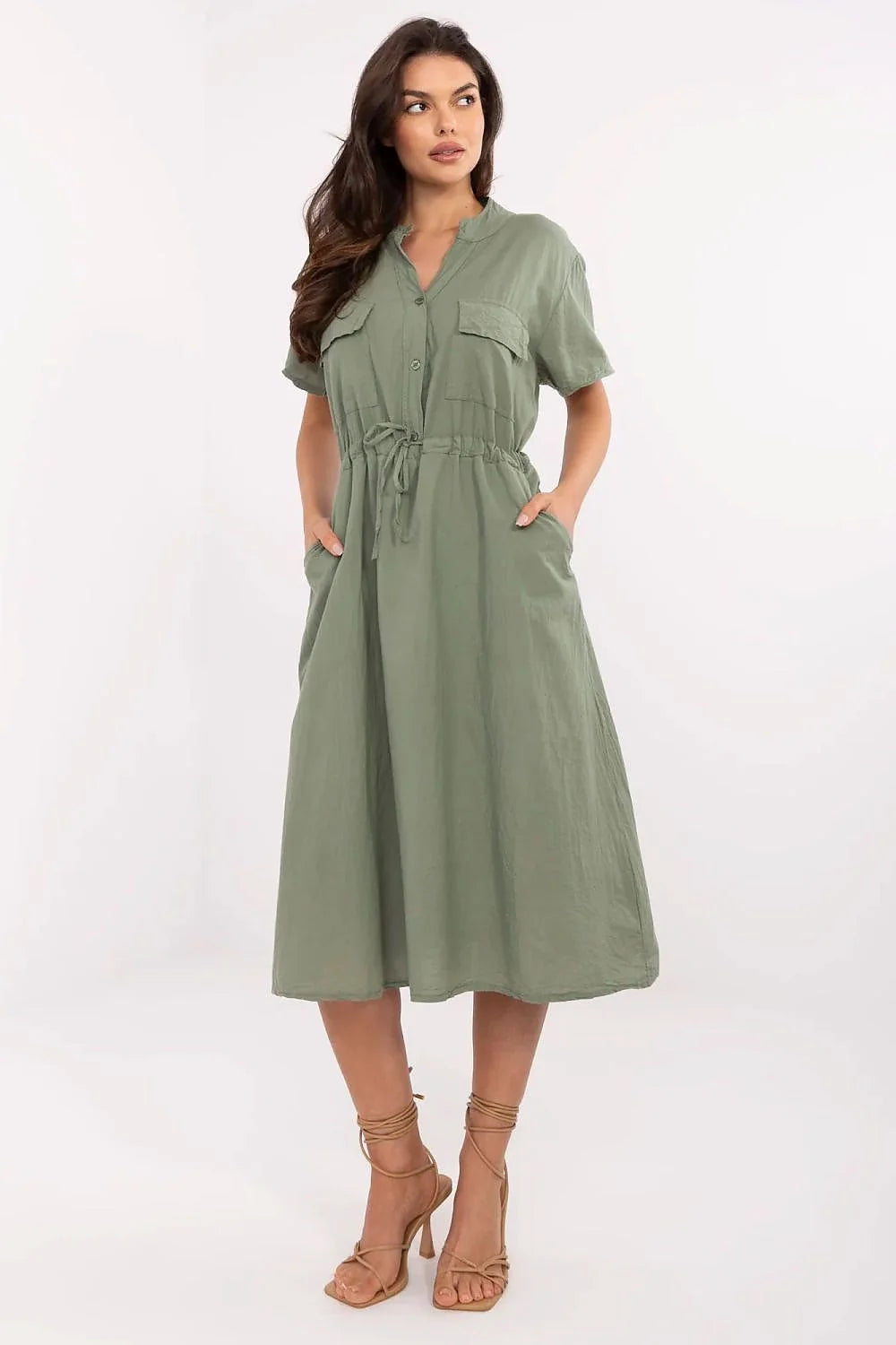 Robe de jour Italy Moda vert olive coupe évasée manches courtes col rond poches latérales ceinture ajustable femme