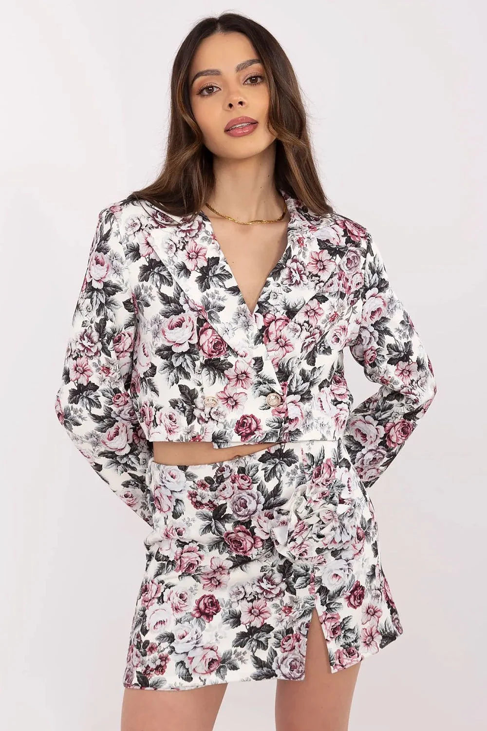 Ensemble féminin Italy Moda floral court veste jupe ajustée tissu satiné polyester romantique élégant工作 occasion femme