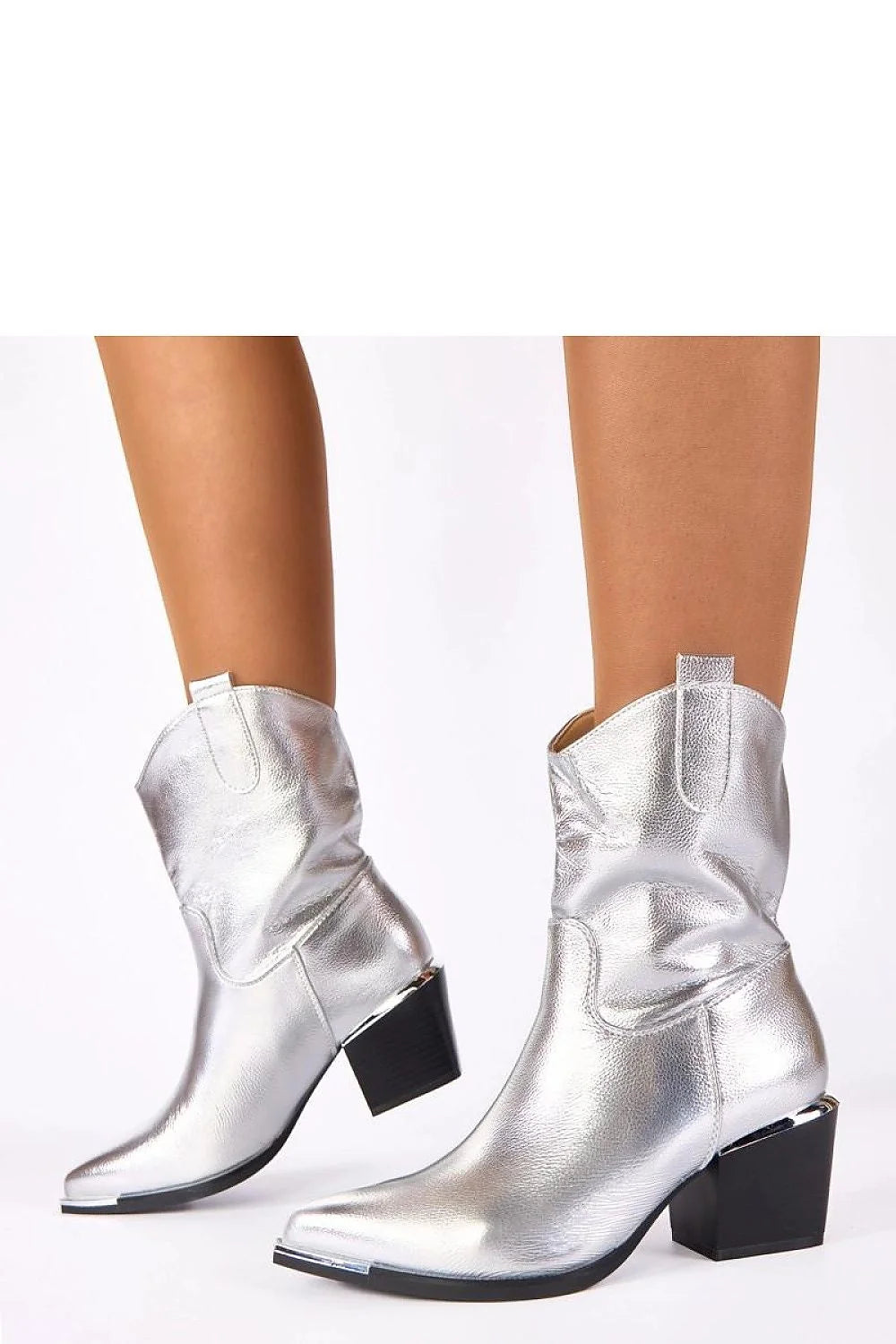 bottines cowboy argentées métalliques cuir synthétique tige mi mollet bout pointu embout orné talon bloc stable 7cm confortables femme Rosemary