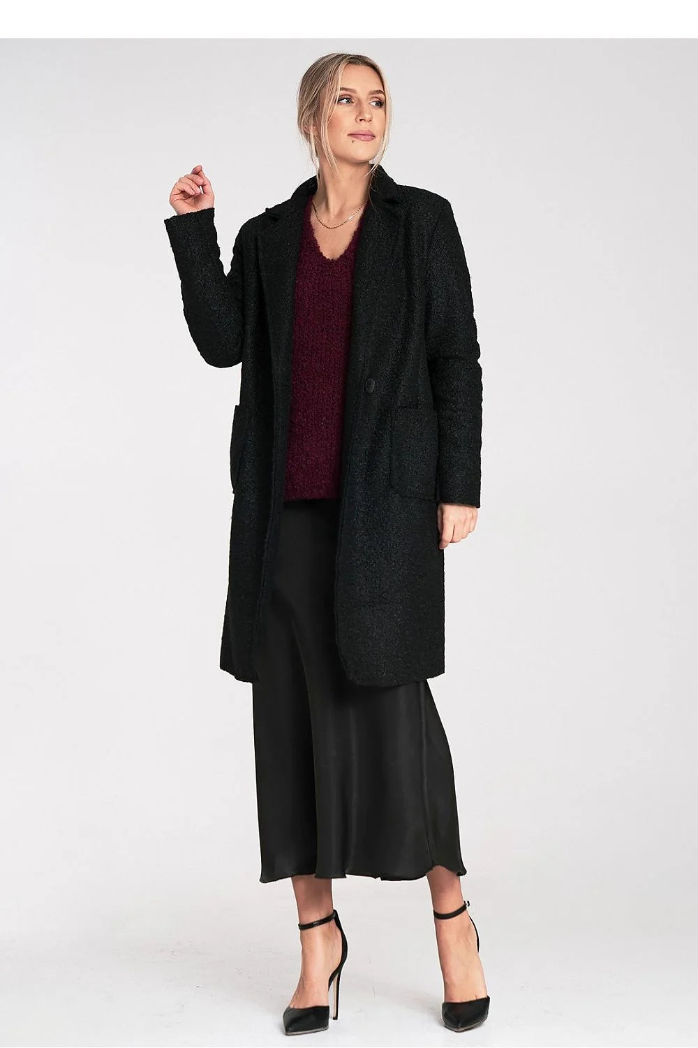 manteau femme long hiver coupe droite oversize texturé bouclé noir col revers fermeture boutonnée poches plaquées manches longues mi mollet