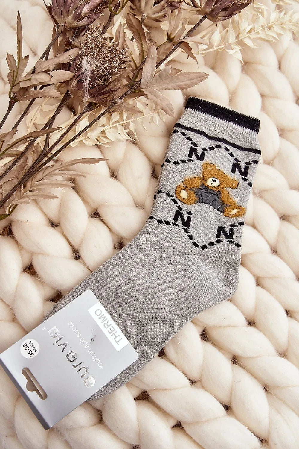 Chaussettes pour femmes Step in style, design ours peluche, motifs N, trépointe, coton 85%, élasthanne 5%, polyamide 10%, style ludique, coupe classique, gris doux, froid, confort, mode