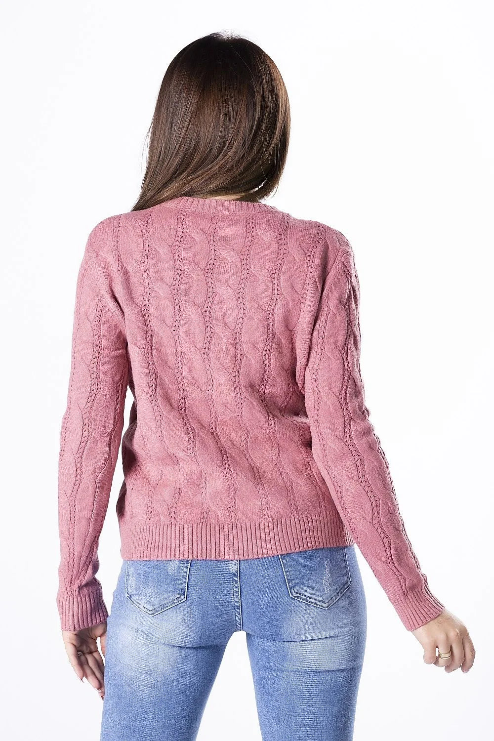 Pull femme tricot torsadé rose poudré élégant col rond ajusté mode automne confort casual