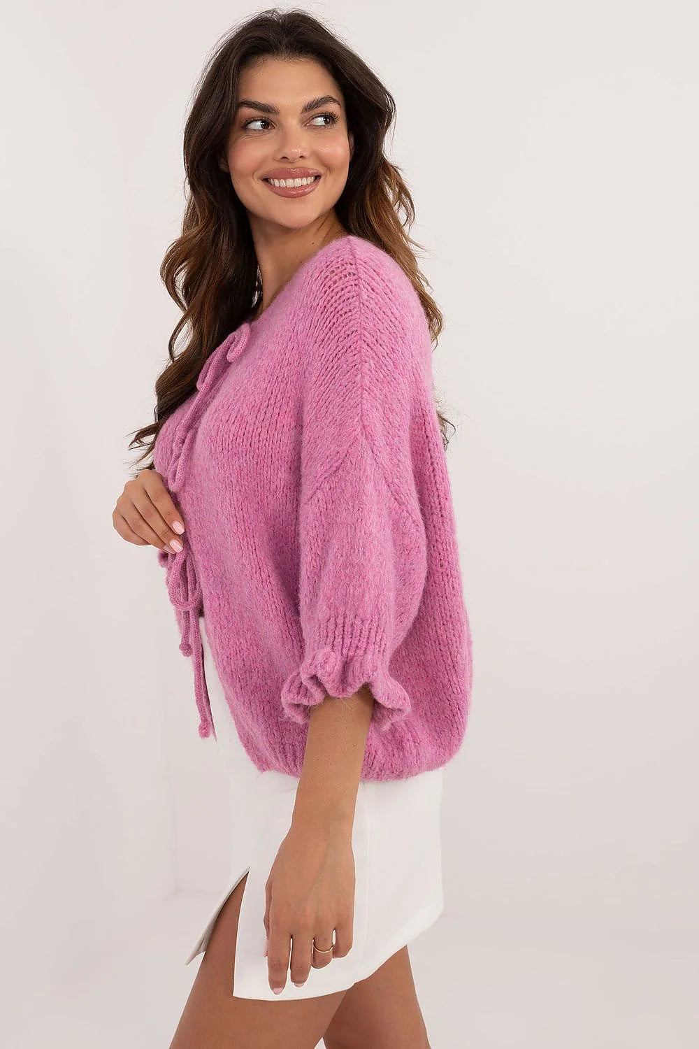 Cardigan femme rose vif coupe ample manches longues évasées fermeture à lacci acrylique doux Moda Italy