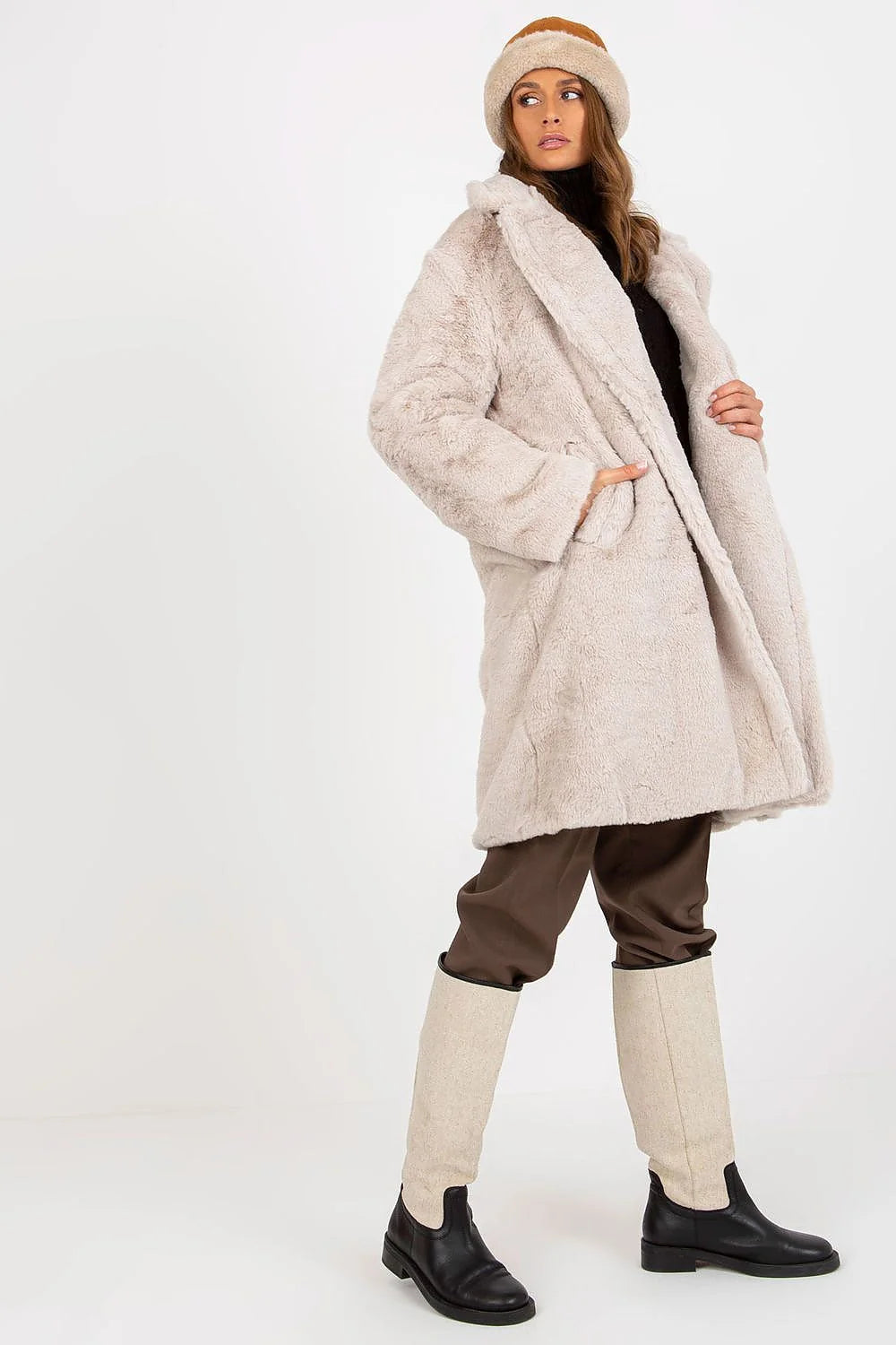 Manteau pour femme élégant long fourrure fausse noire manches longues col large double bouton poches latérales polyester intemporel