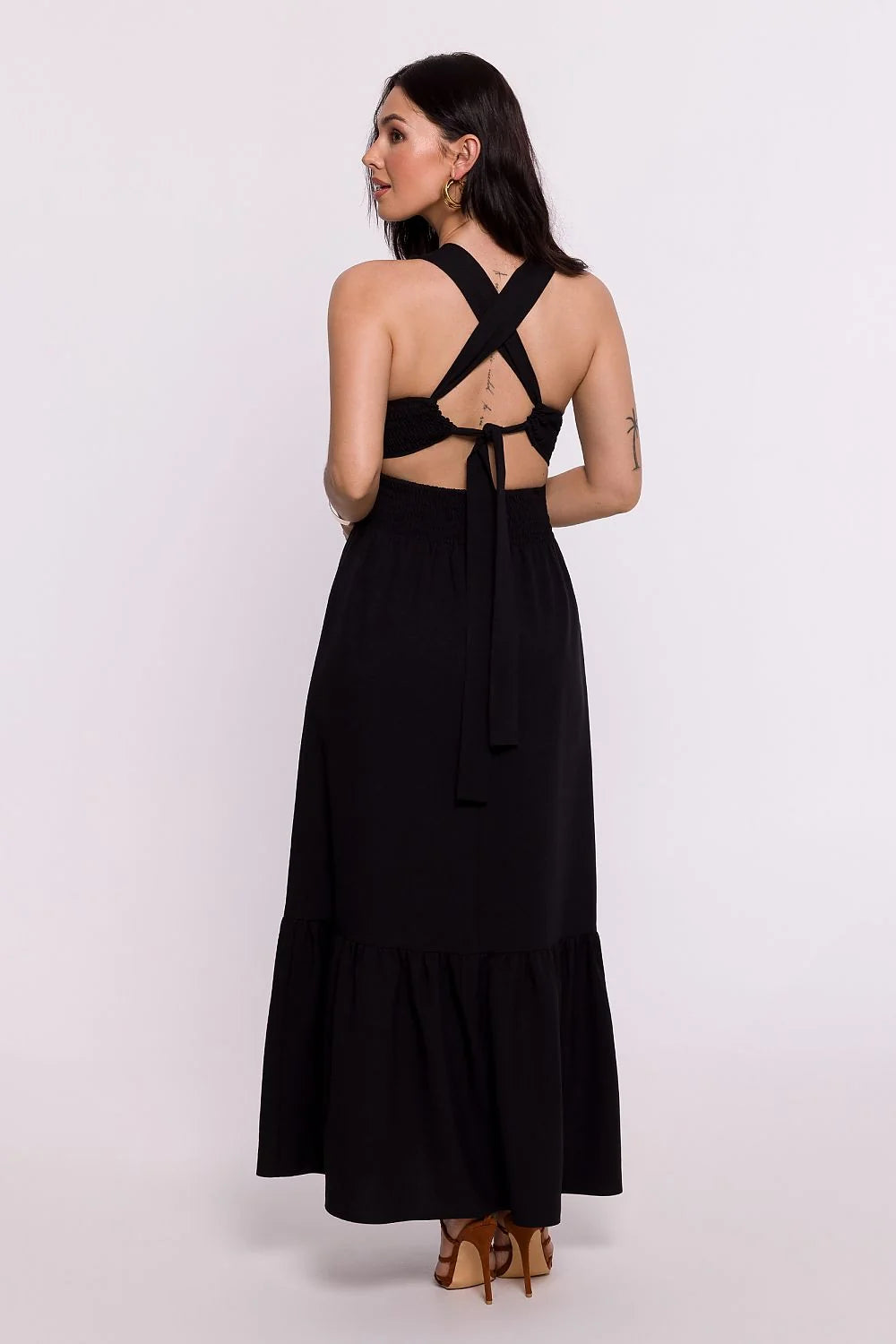 Robe de jour élégante longue sans manches dos ouvert coton élasthanne taille ajustable femme