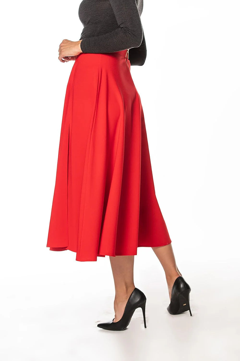 Jupe Tessita élégante mi-mollet rouge vif fente côté droit polyester élasthanne taille haute femme