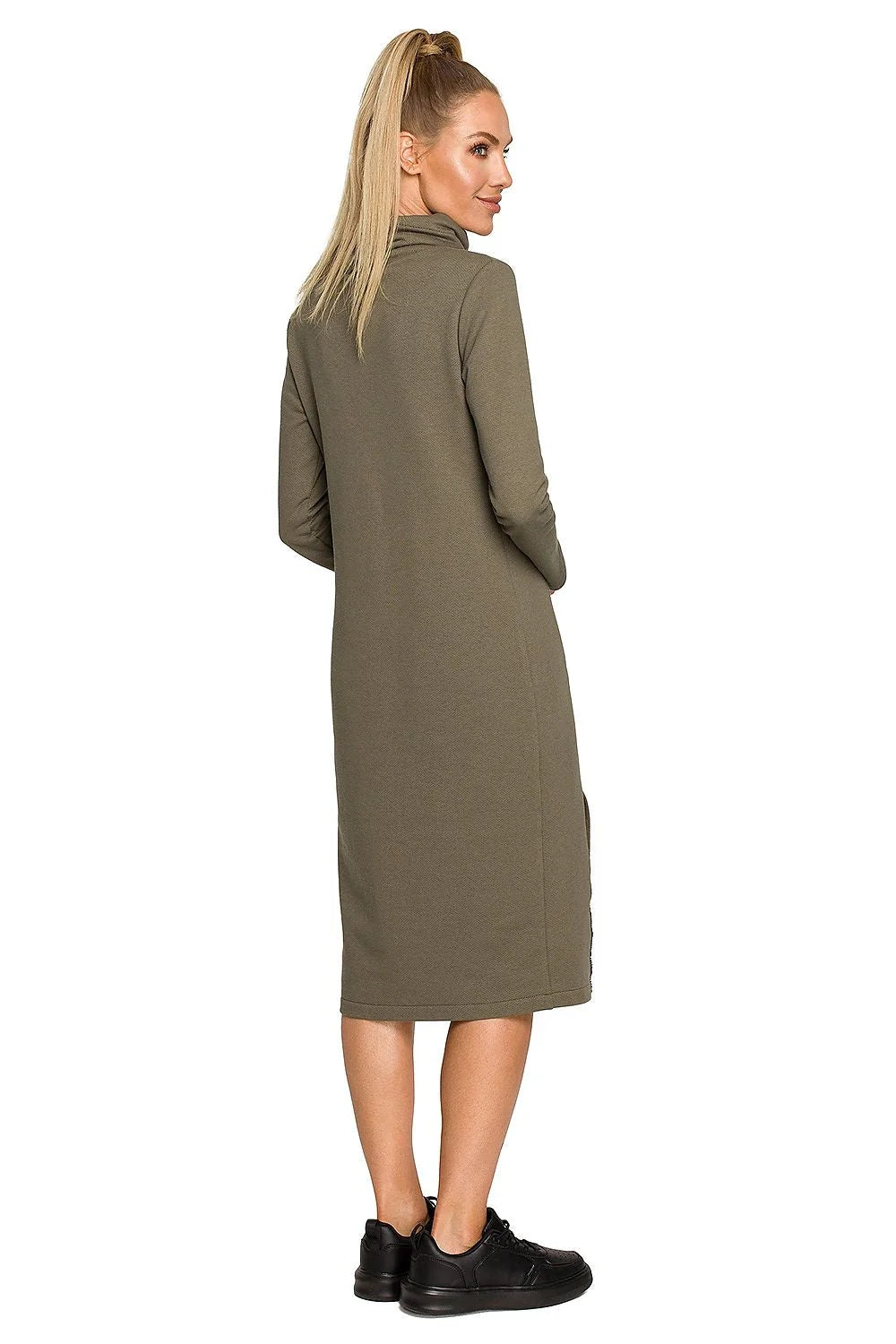 Robe de jour Moe style casual couleur rose pastel manches longues col rouleau poche kangourou femme