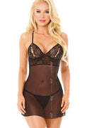 Nuisette sexy dentelle noire transparente motifs floraux bretelles ajustables string assorti collection Soft Line