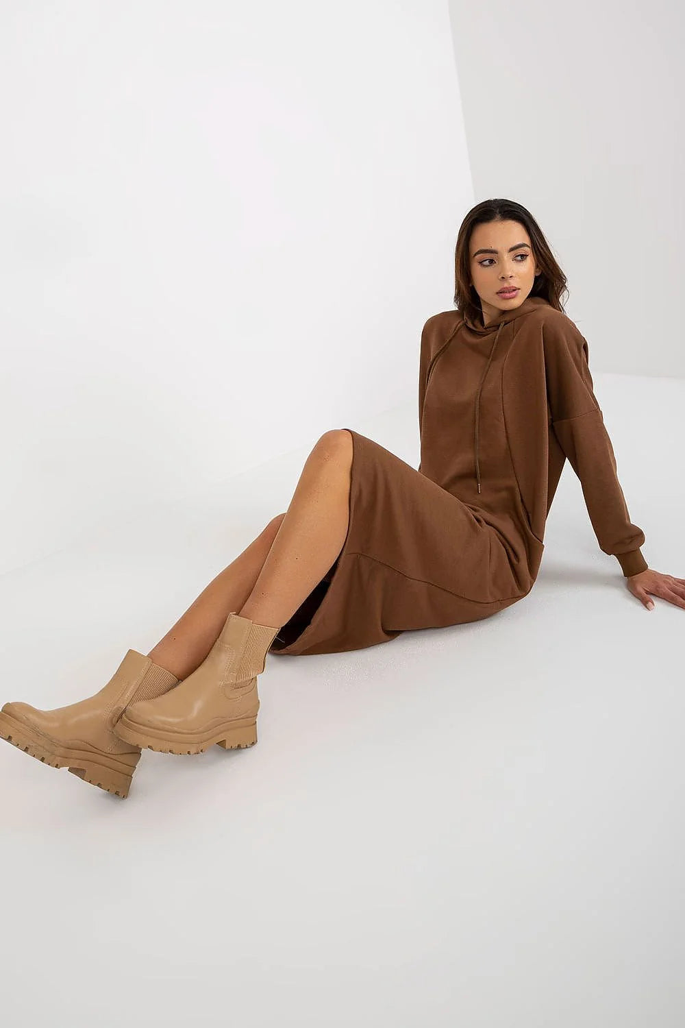 Robe sweat-shirt femme confortable manches longues capuche coton marron taille universelle occasion quotidienne