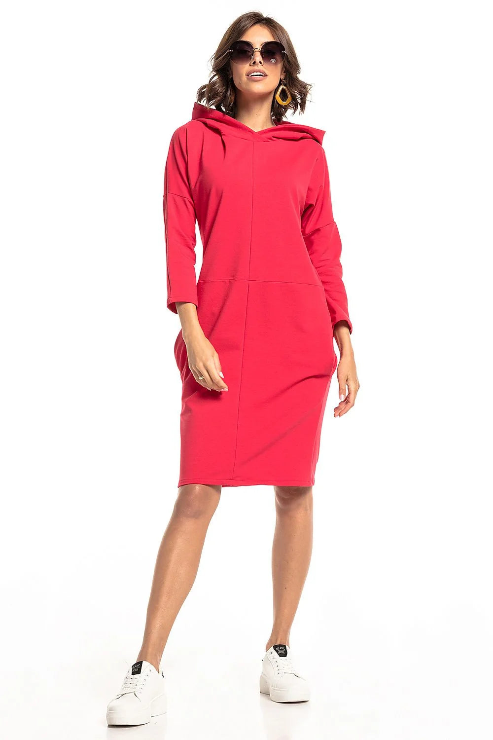 Robe en tricot coton rose décontractée avec capuche manches longues pour femme moderne élégante