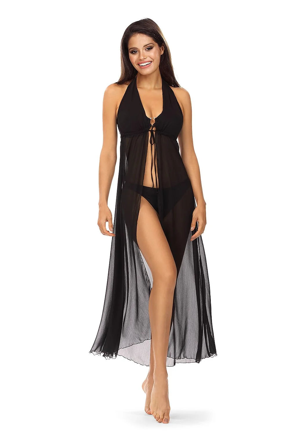 Robe de plage longue élégante pour femme en maille noire fluide avec décolleté en V et fermeture à lacets