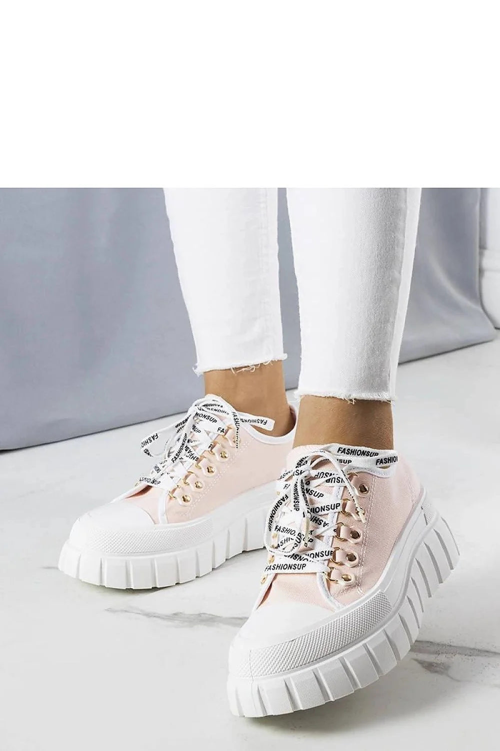 Baskets tendance pour femmes plateforme toile rose pâle métal doré lacet blanc confortable style urbain