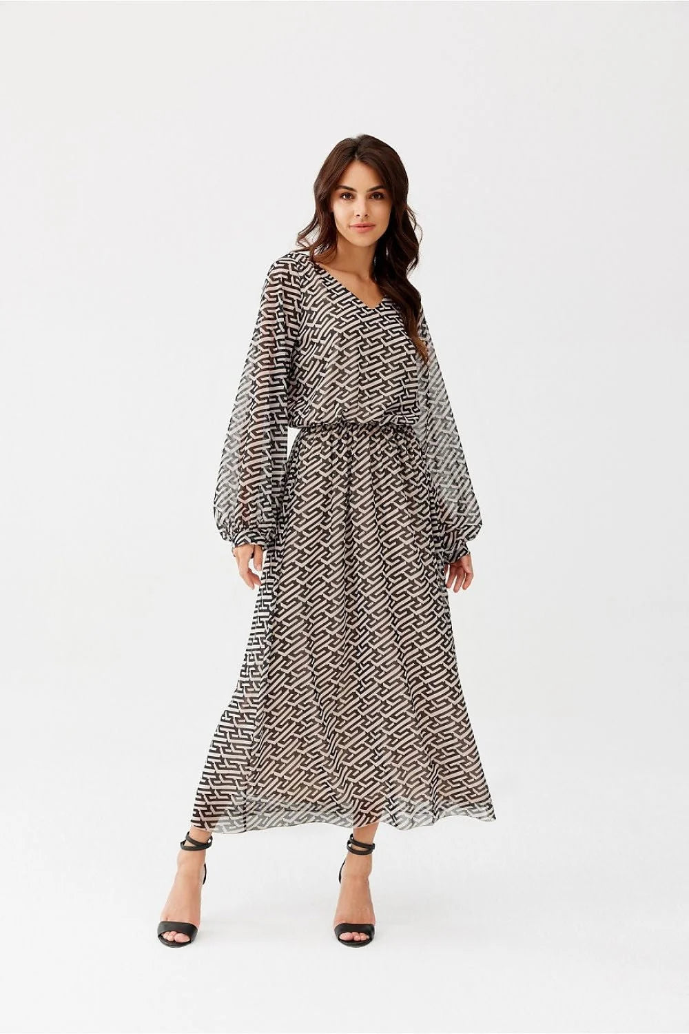 Robe de jour Roco Fashion longue imprimé géométrique noir et blanc manches longues élastique taille femme mode
