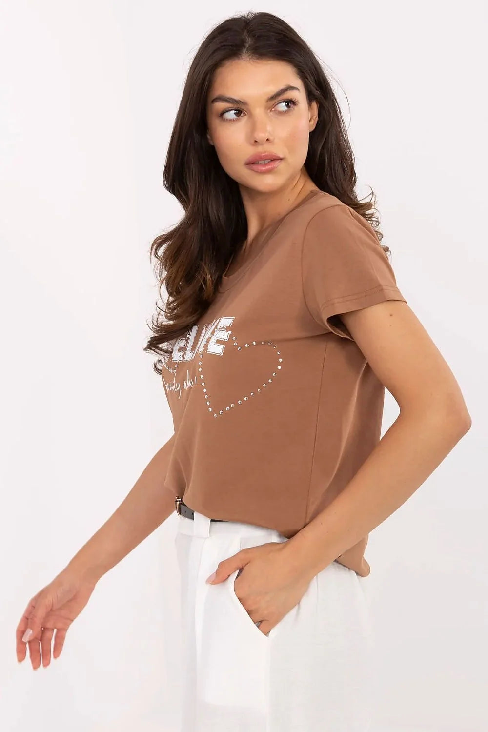 T-shirt femme mode casual BELIEVE beauty always in strass coton élasthanne coupe droite manches courtes décolleté rond