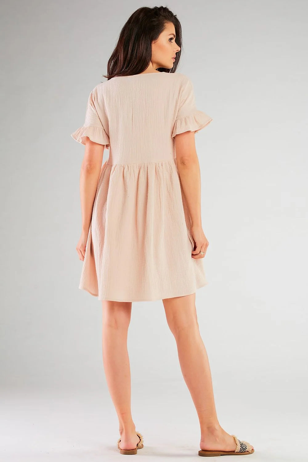 robe jour trapèze courte rose poudré gaufré coton élasthanne respirant manches courtes volantées encolure ronde babydoll