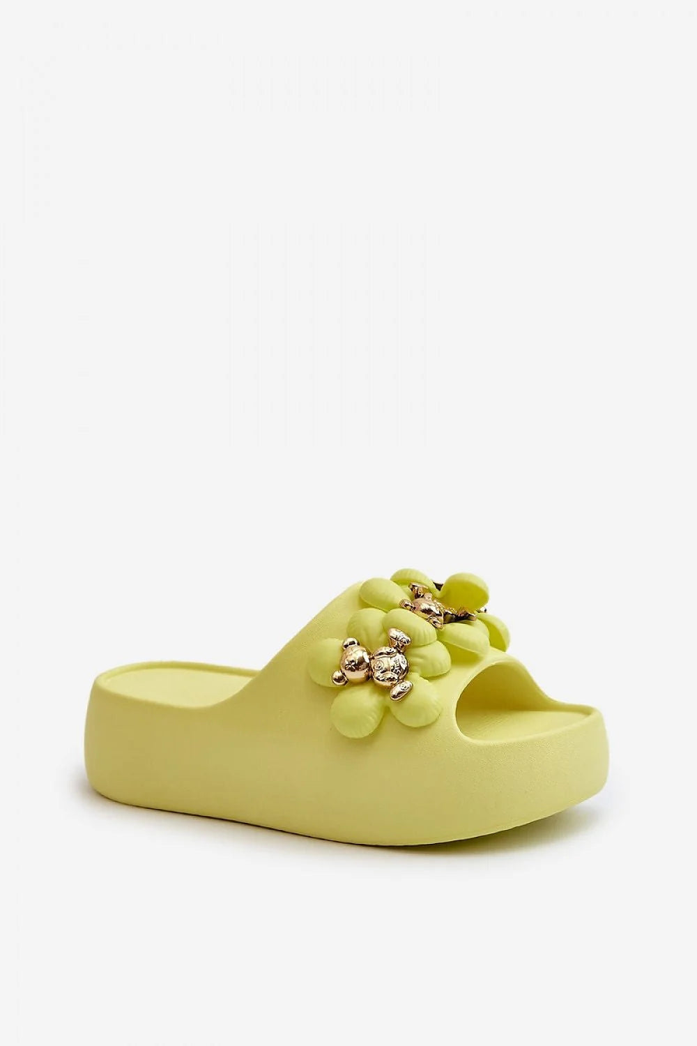 Sandales Step in style pour femmes, claquettes ouvertes, design floral doré, semelle épaisse 5.5 cm, confort maximal, couleur vert pâle, mode été 2023