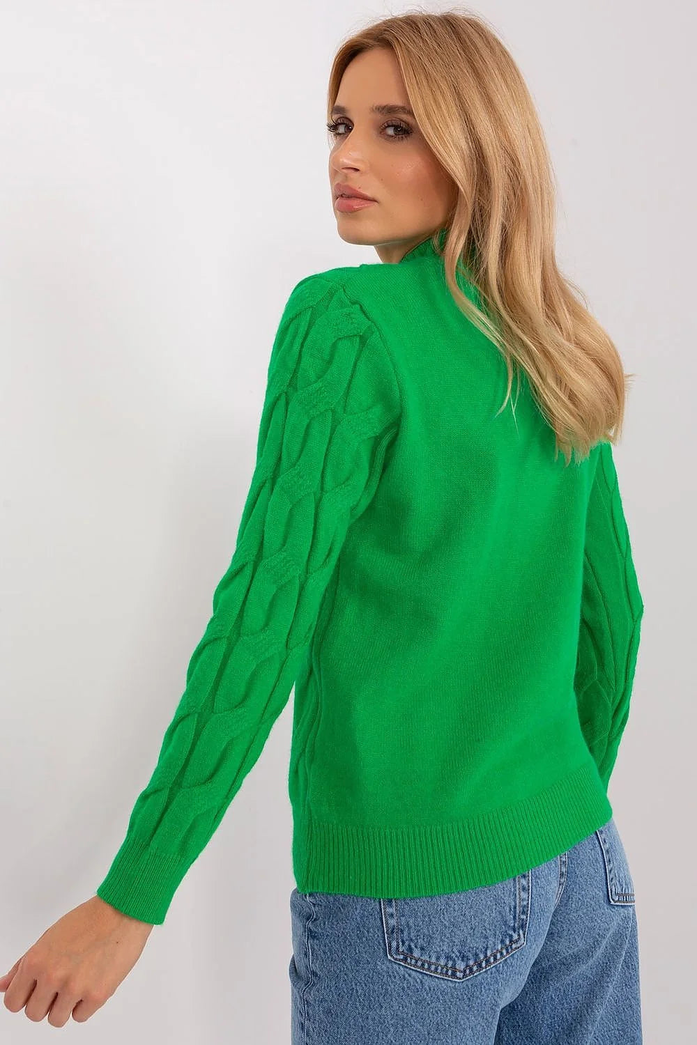 Pull élégant pour femmes maille tricotée texture torsadée vert vif col montant manches longues coupe ample