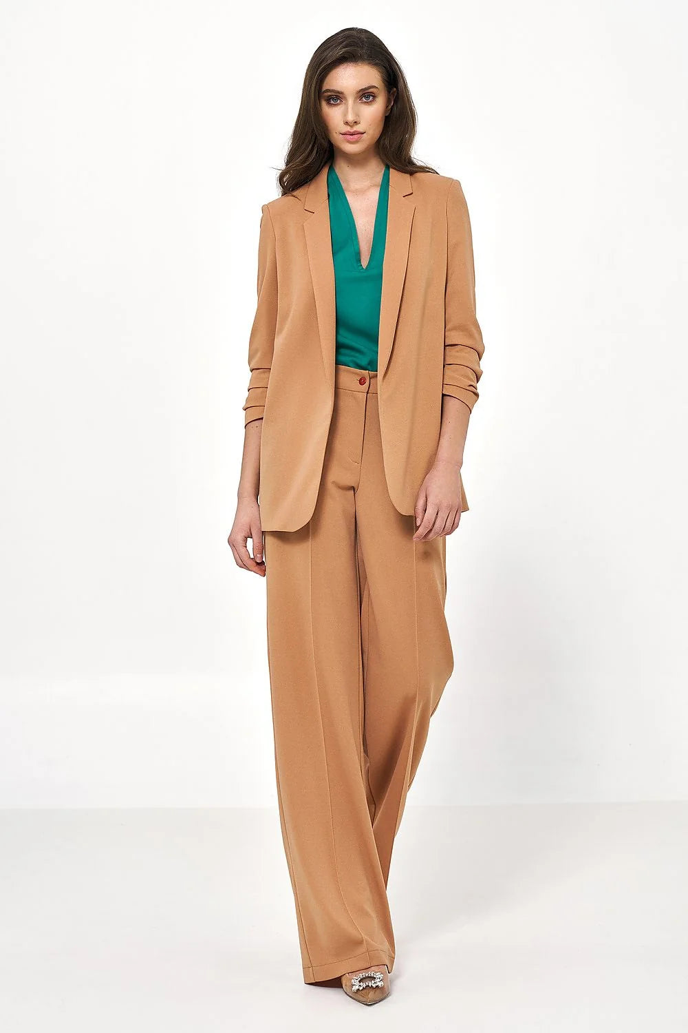 veste tailleur femme camel crêpe blazer sans fermeture manches plissées relaxed confortable élégante softoffice professionnelle poches taille haute stretch polyvalente