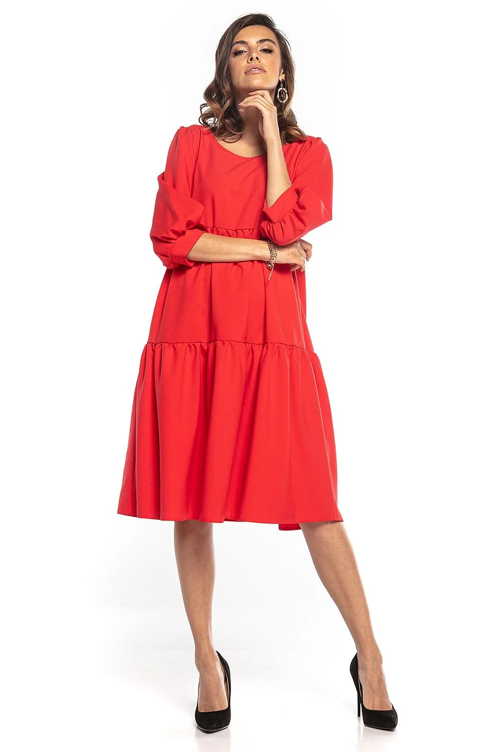 Robe élégante en polyester bleu canard manches bouffantes pour style chic et décontracté femmes