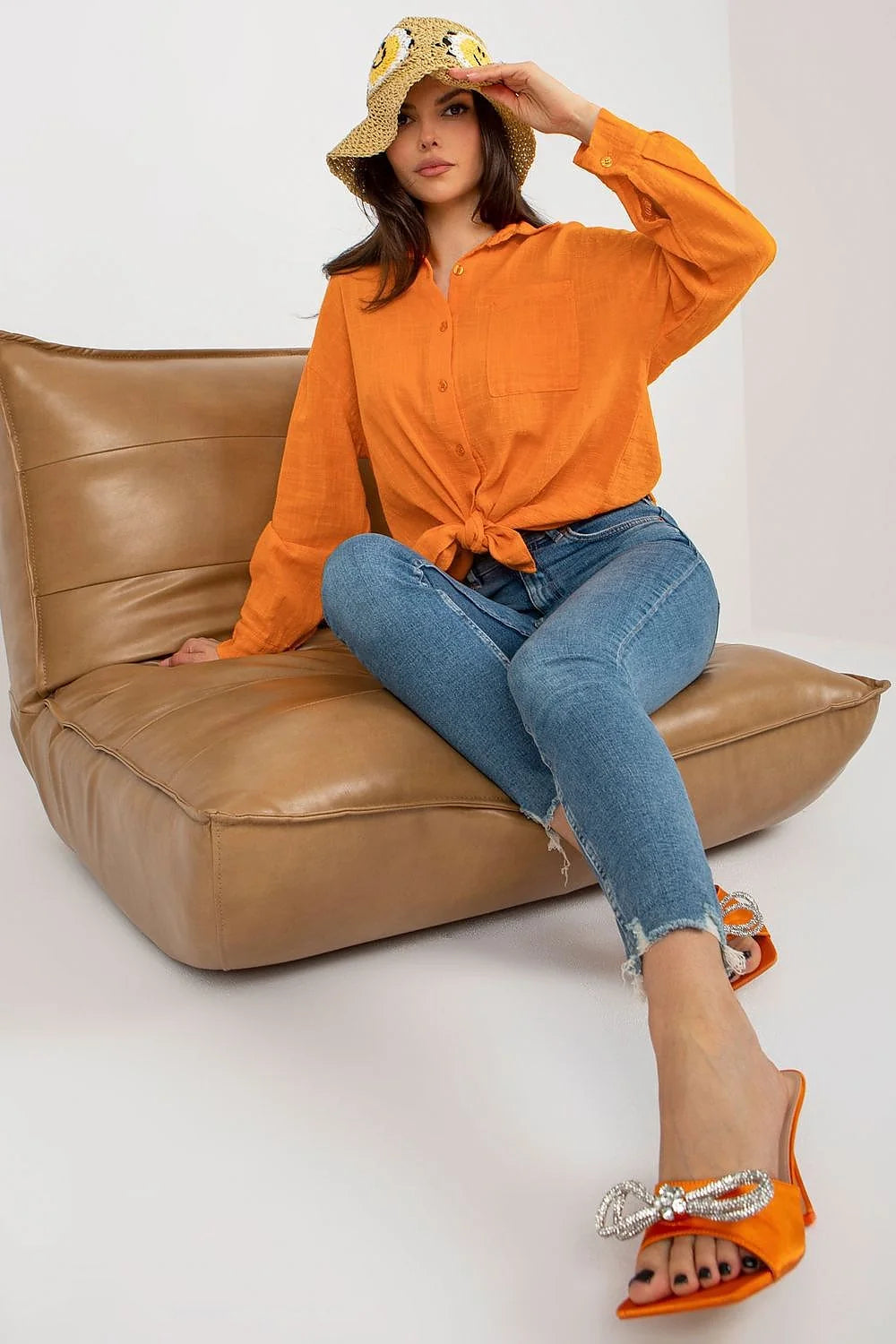 Chemise manche longue Och Bella coton 100 % style décontracté coupe ample nœud avant poche poitrine coloris orange vif