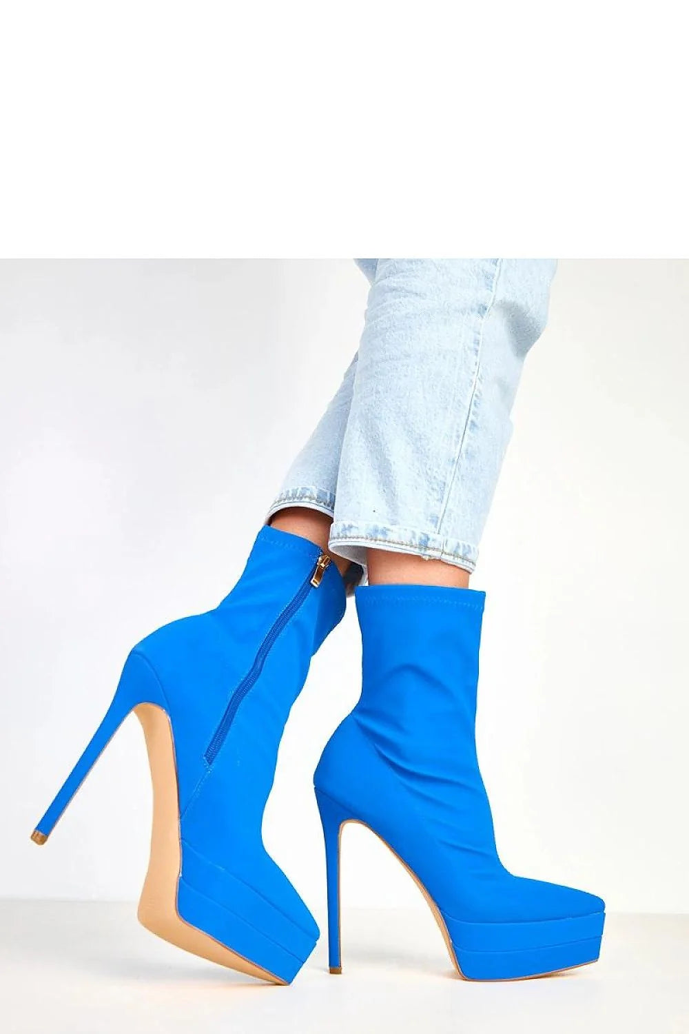 bottines femme satin bleu cobalt lustré élégantes féminines bout pointu talon aiguille très haut plateforme compensée tige montante zippée dorée