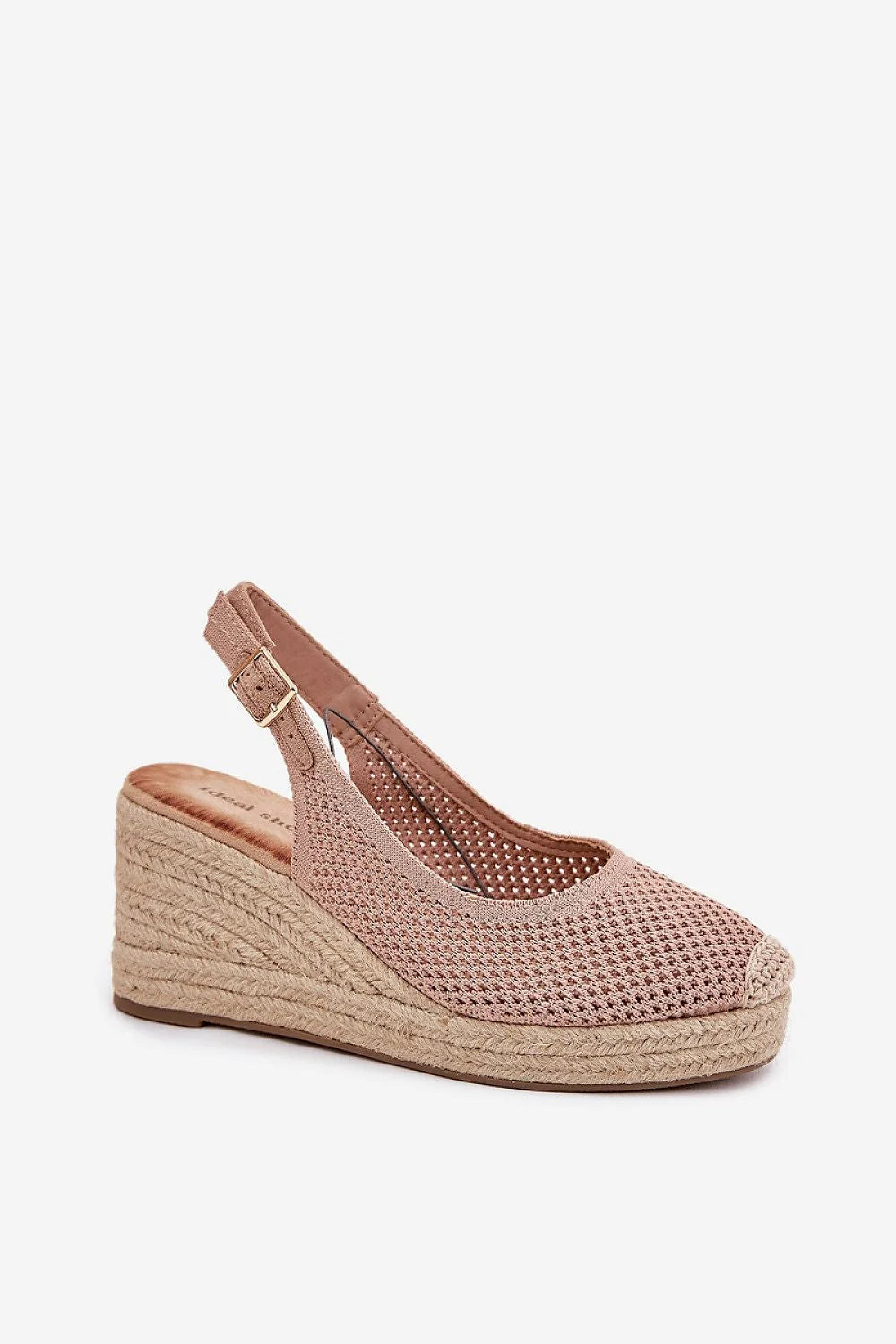 sandales espadrille femmes compensées textile crocheté beige rosé talon corde tressée plateforme semelle caoutchouc bout fermé bride arrière élastique respirantes