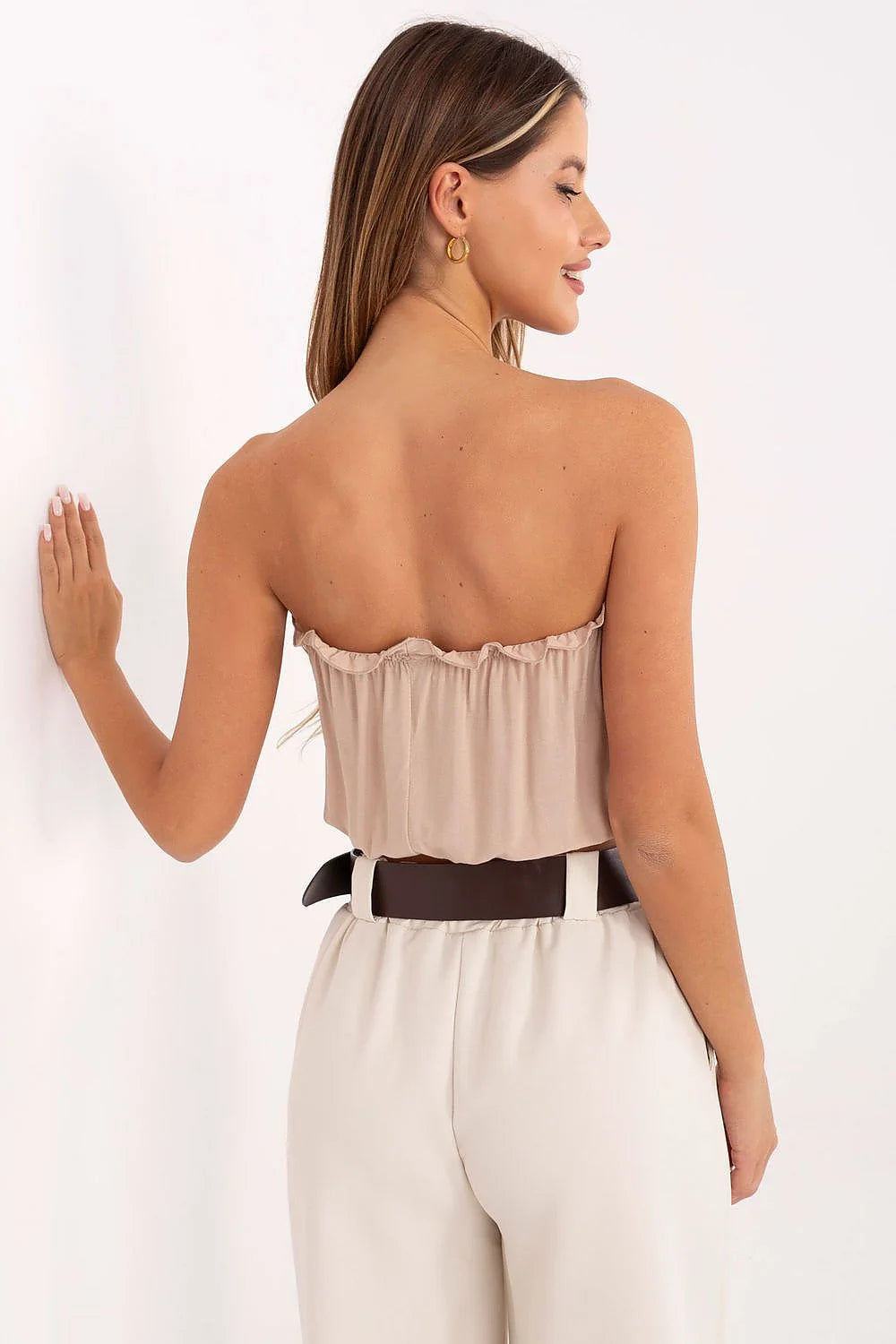 Top Lakerta crop élégant femme viscose beige coupe ample élastique encolure rectangulaire ruffle bas