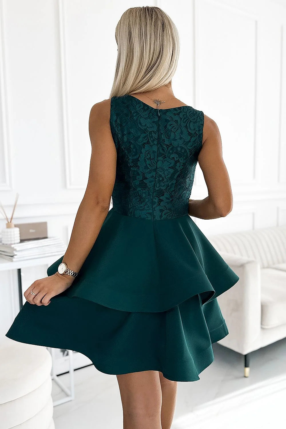 Robe de soirée élégante longue sans manches dos fermé dentelle vert bouteille femme taille ajustable