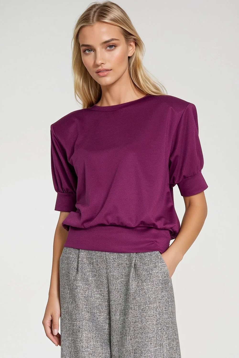 chemisier oversize prune manches bouffantes mi longues encolure ronde coupe blouson taille resserrée tissu fluide extensible doux casual chic bureau