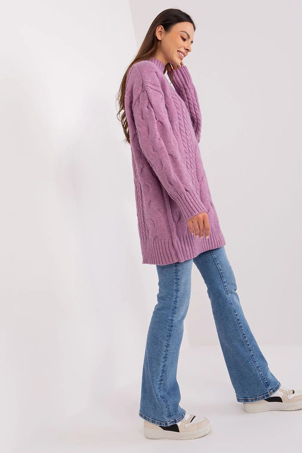 Pullover long pour femme en acrylique couleur lilas motif torsades mailles Aran coupe oversize manches longues col roulé