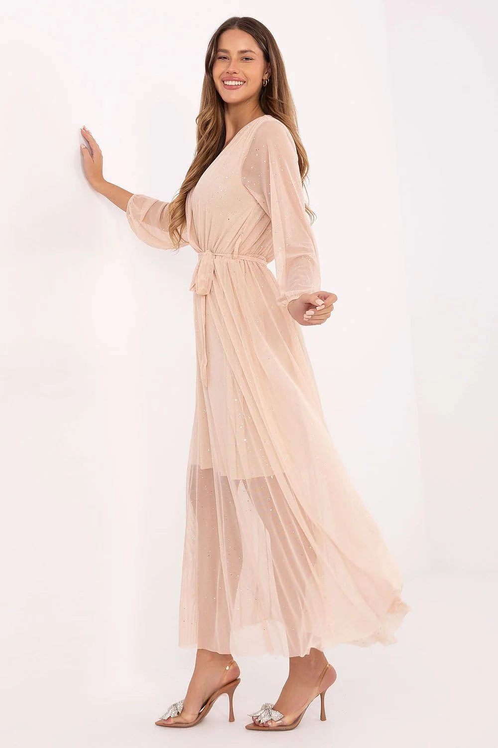 robe longue soirée cérémonie cachecoeur tulle rosé pailleté doublure jupe semitransparente manches bouffantes encolureV ceinture nouée taille cintrée