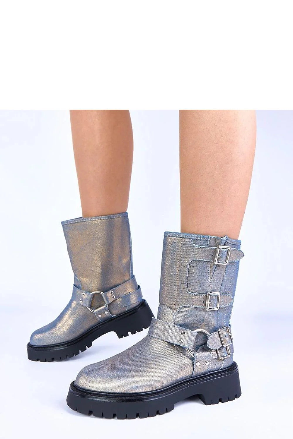 bottines bleues Cara boucles dorées brillantes biker urbain motard mi mollet cuir synthétique texturé semelle crantée noire talon 4cm confort