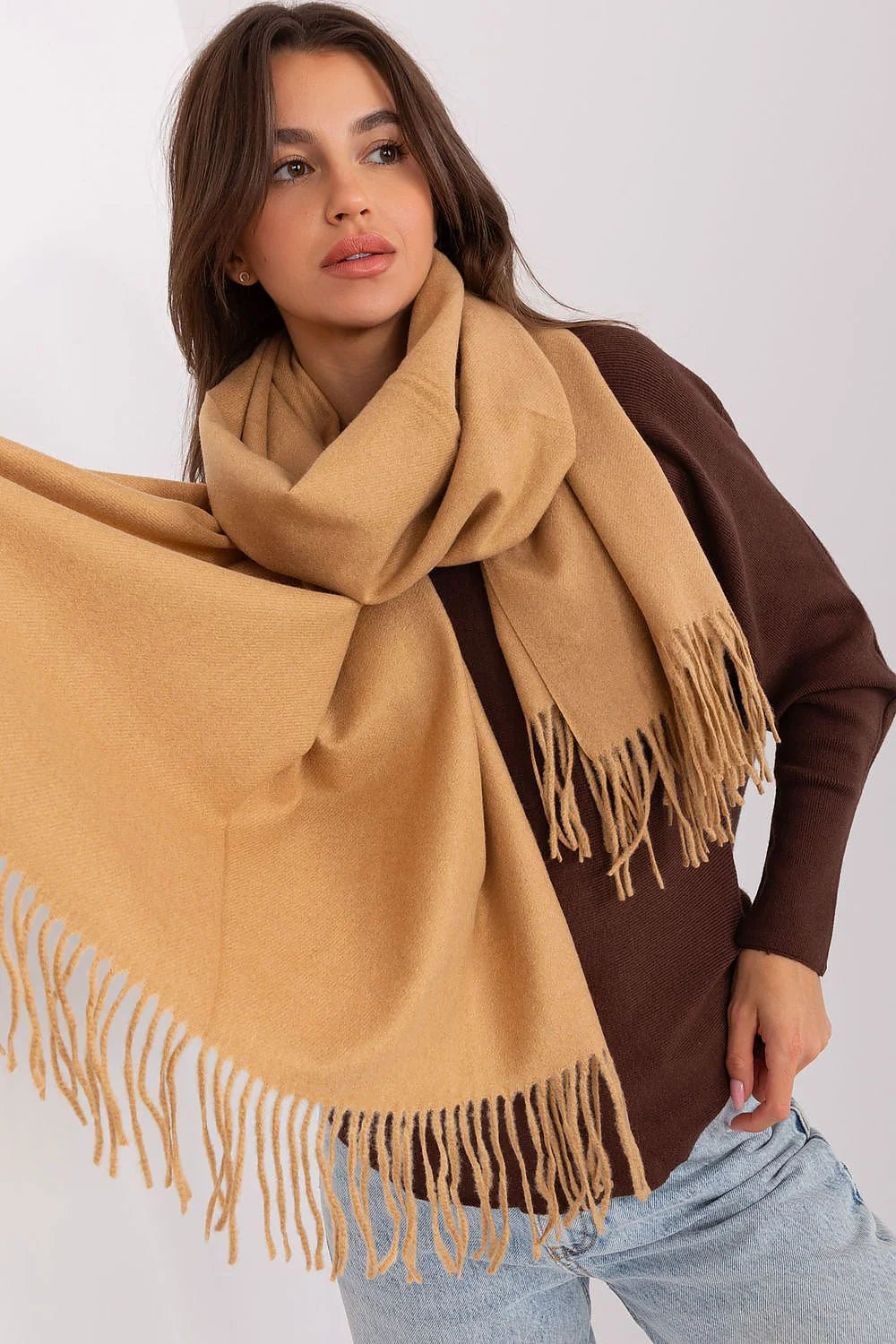 Écharpe classique pour femme en laine/cachemire, hiver, style intemporel, beige camel, franges, longueur 196 cm, châle AT