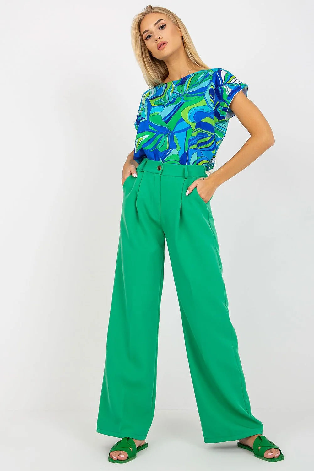 Pantalon femme Italy Moda avec chemisier imprimé floral, blanc, taille haute, élasthanne, polyester, occasion estivale, style chic, coupe évasée
