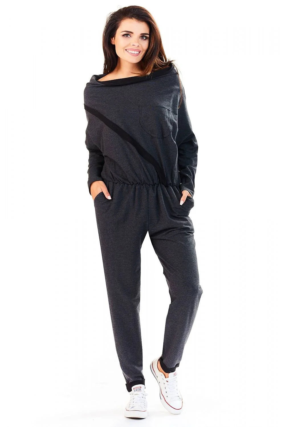 combinaison femme coton élasthanne décontractée moderne ample col bateau manches longues taille élastique poches latérales molletonnée gris anthracite