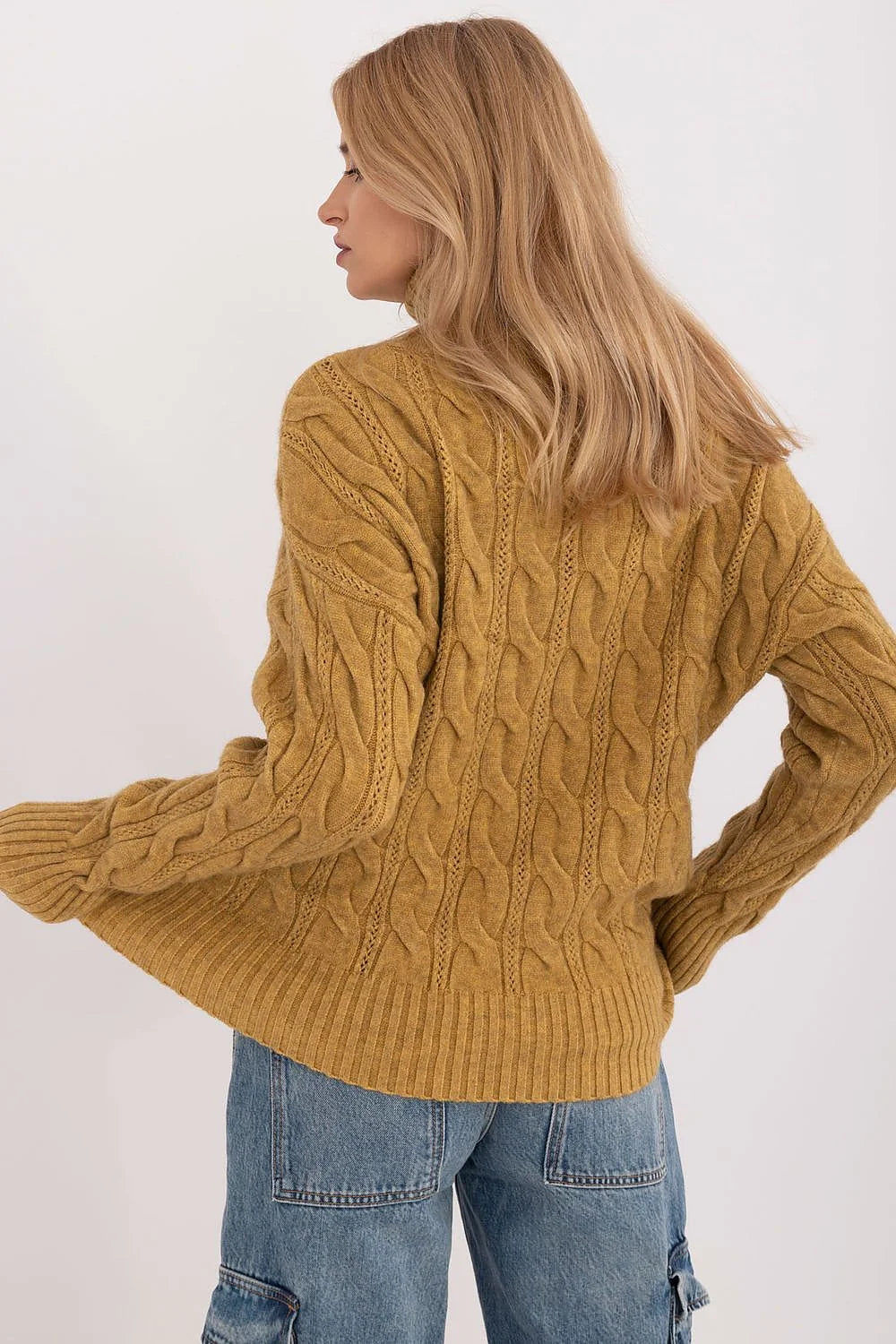 Pull-over femme style décontracté col roulé tricot torsadé moutarde laine polyester polyamide manches longues