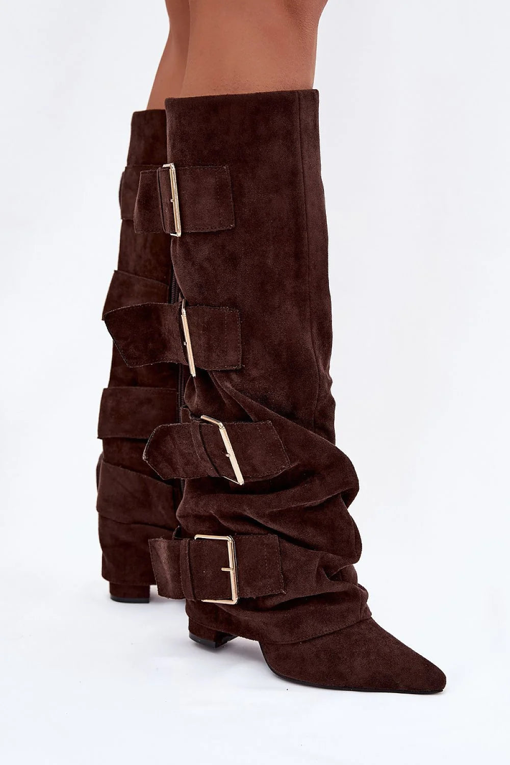bottes femme suédine écologique marron foncé froncée bout pointu talon pilier 10cm tige retournée boucles dorées réglables fermeture éclair intérieure