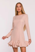 robe cocktail mini manches longues col rond coupe ajustée coutures princesse volant froncé crêpe lisse extensible