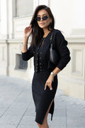 ensemble robe bustier cardigan bomber noir ajusté cintré fente latérale maille côtelée extensible taille haute jupe crayon midi
