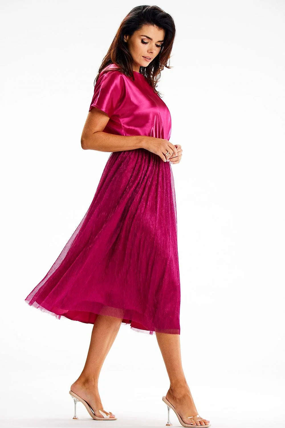 Robe de soirée élégante fuchsia satin tulle plissé taille élastiquée manches courtes femme occasion spéciale